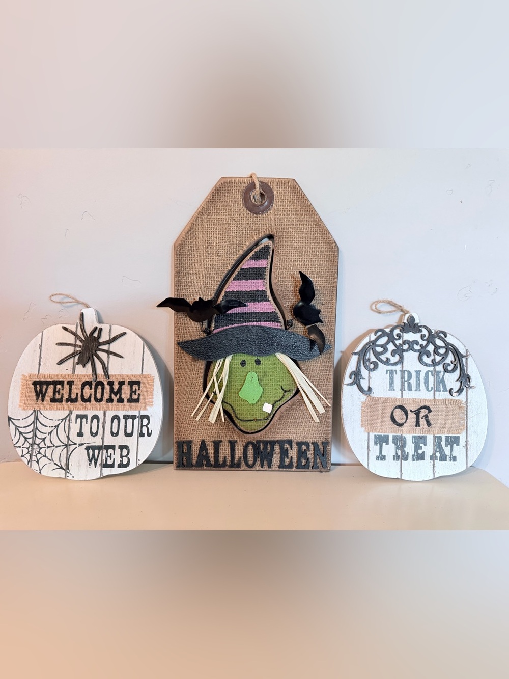 Halloween Witch and White Pumpkin Wall Decor - Burlap, Black, Green & white!